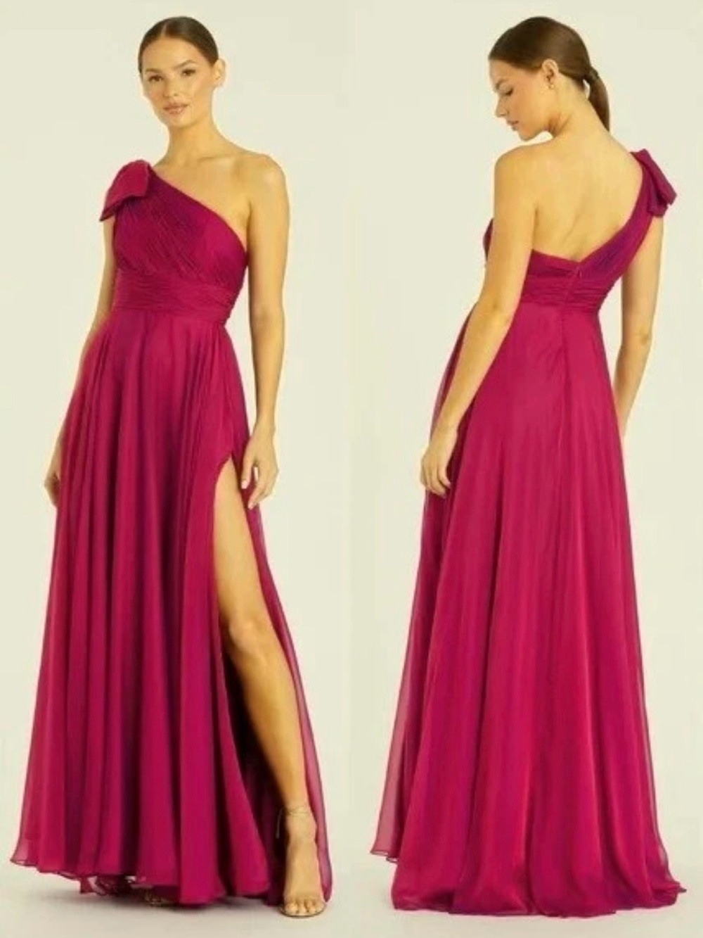 Mac Duggal One-Shoulder Magenta Evening Gown with Bow